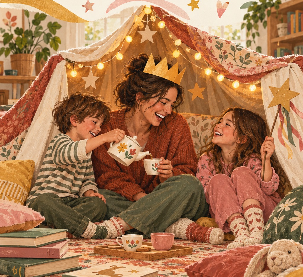 An illustrated mom and two children sharing pretend tea inside a cozy blanket fort with books and paper crowns