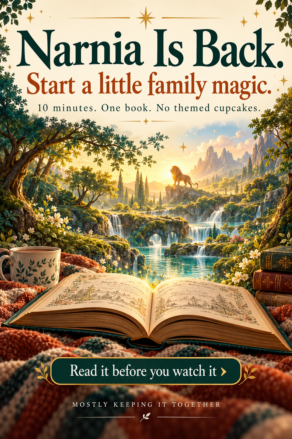 Pinterest graphic: Family magic begins with a book — read The Magician's Nephew before the movie