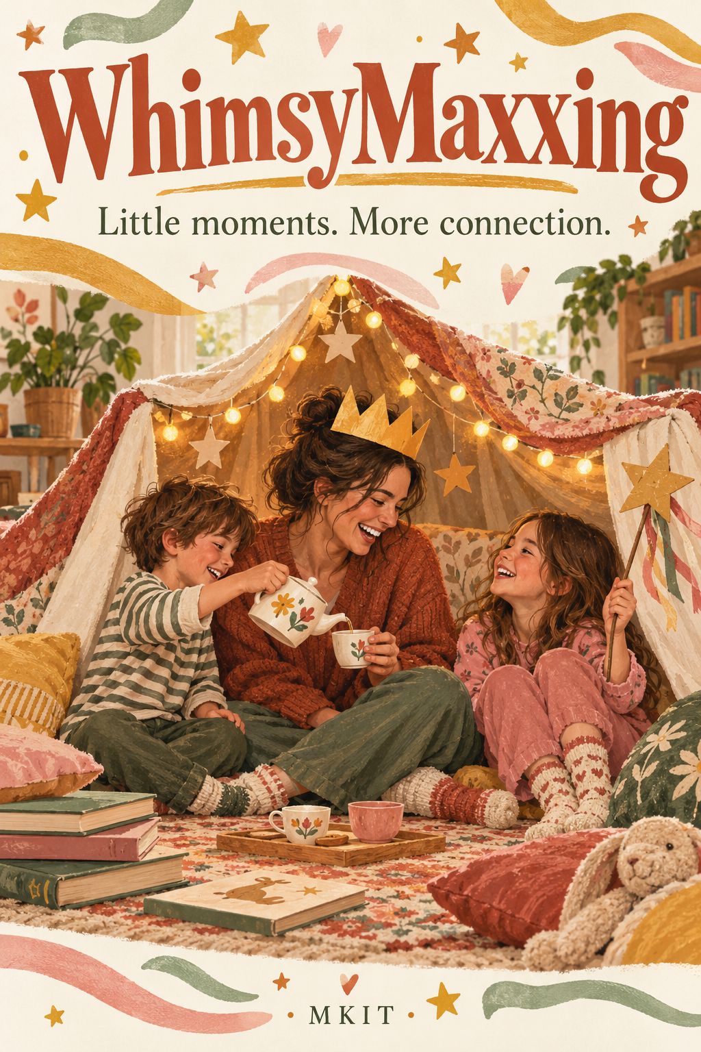 WhimsyMaxxing: Little moments. More connection. A mom and children enjoying a cozy blanket fort, with MKIT branding