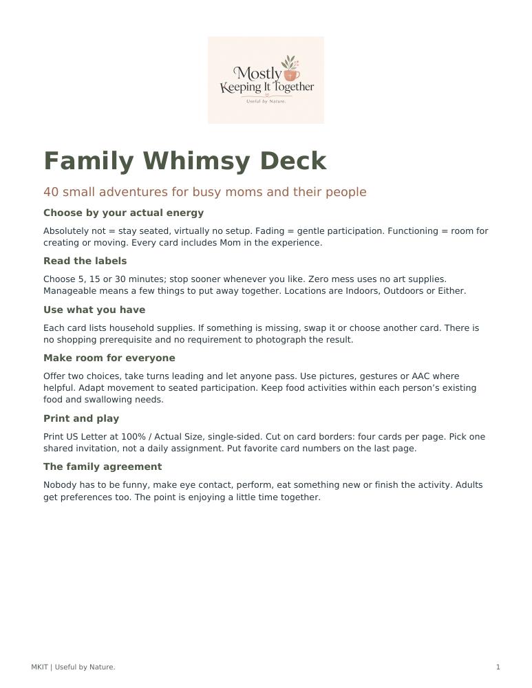 Family Whimsy Deck cover with Mostly Keeping It Together branding and instructions for choosing by energy, time and mess