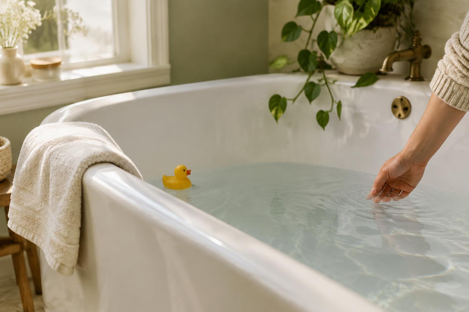 A parent's hand testing bath water in a white tub with a folded cream towel and a rubber duck