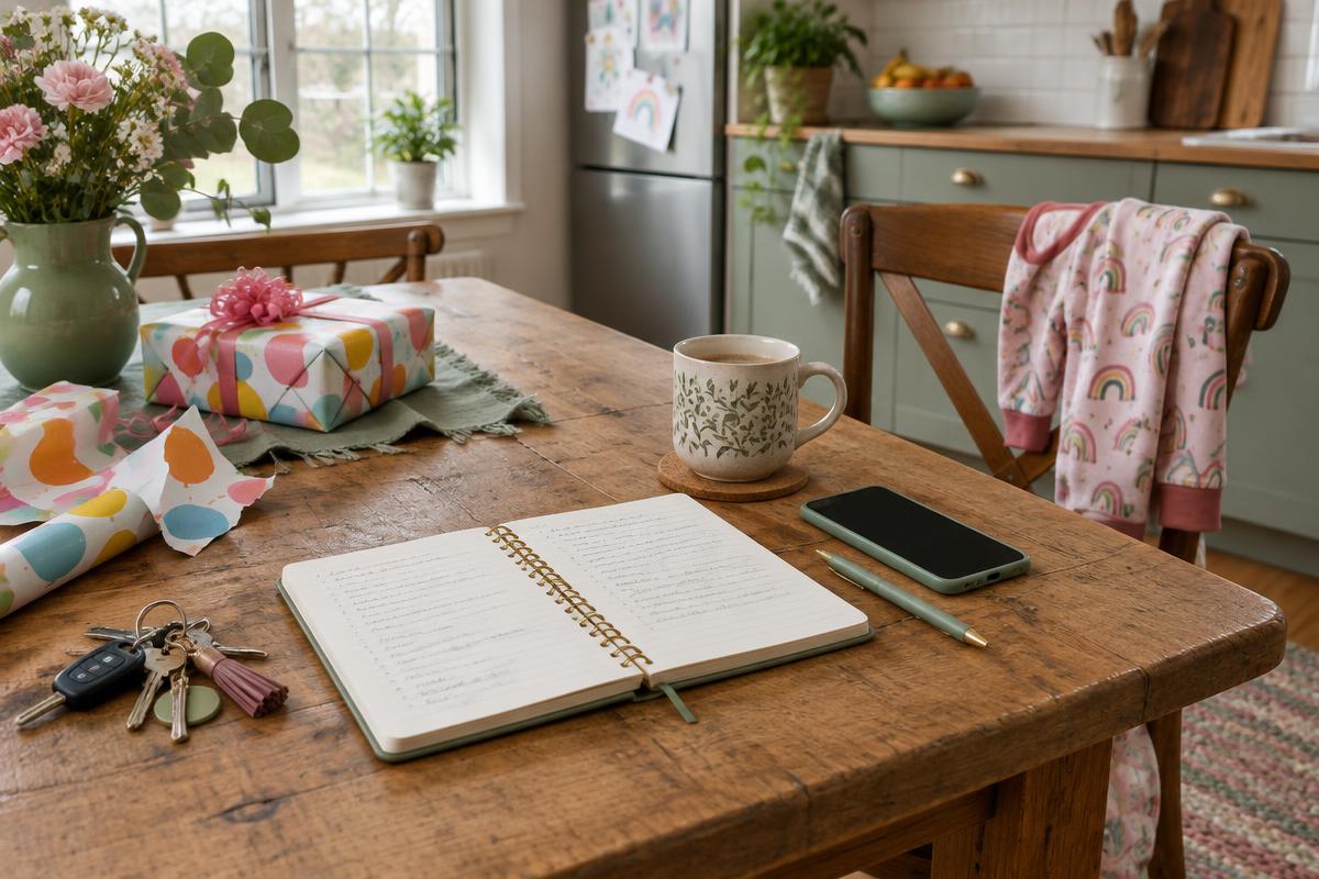 An open notebook, phone, coffee, keys, and birthday wrapping on a kitchen table, with children's pajamas on a chair