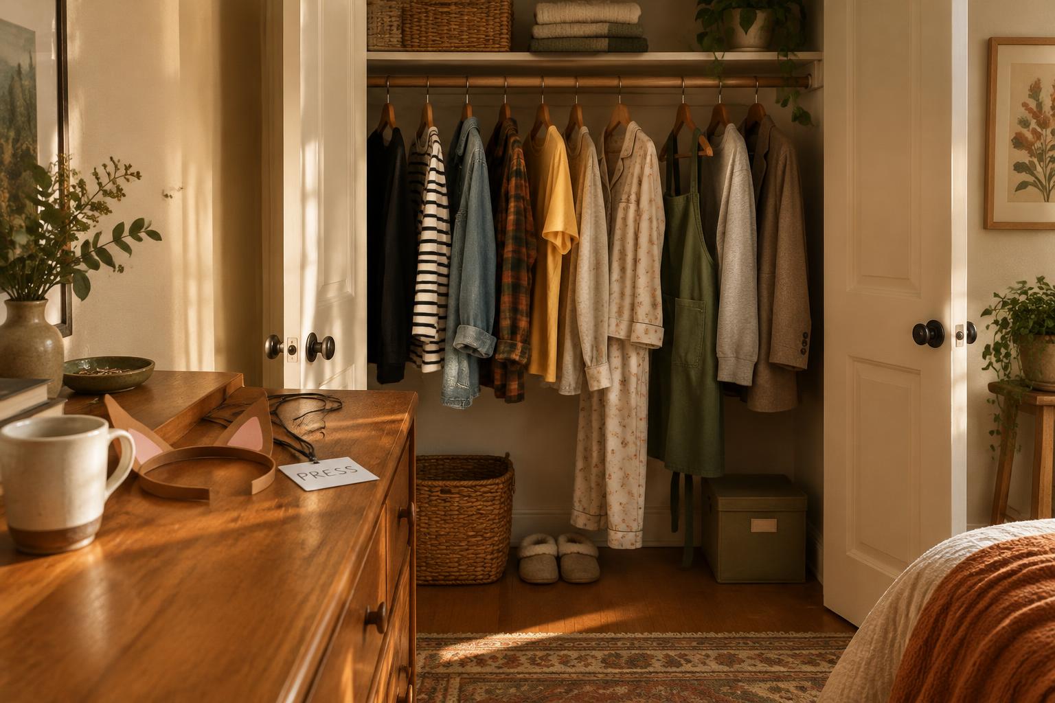 Open closet with ordinary clothes — black top, striped shirt, denim, plaid, pajamas, apron, blazer — beside a dresser holding paper cat ears and a handmade PRESS badge