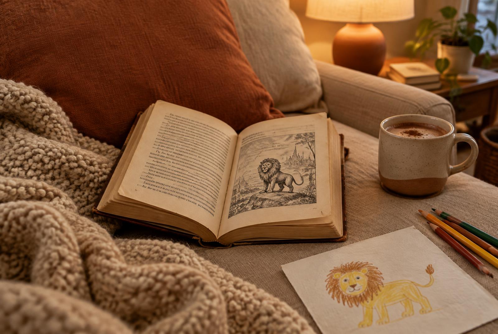 An open storybook with a lion illustration on a cozy couch beside a mug of cocoa