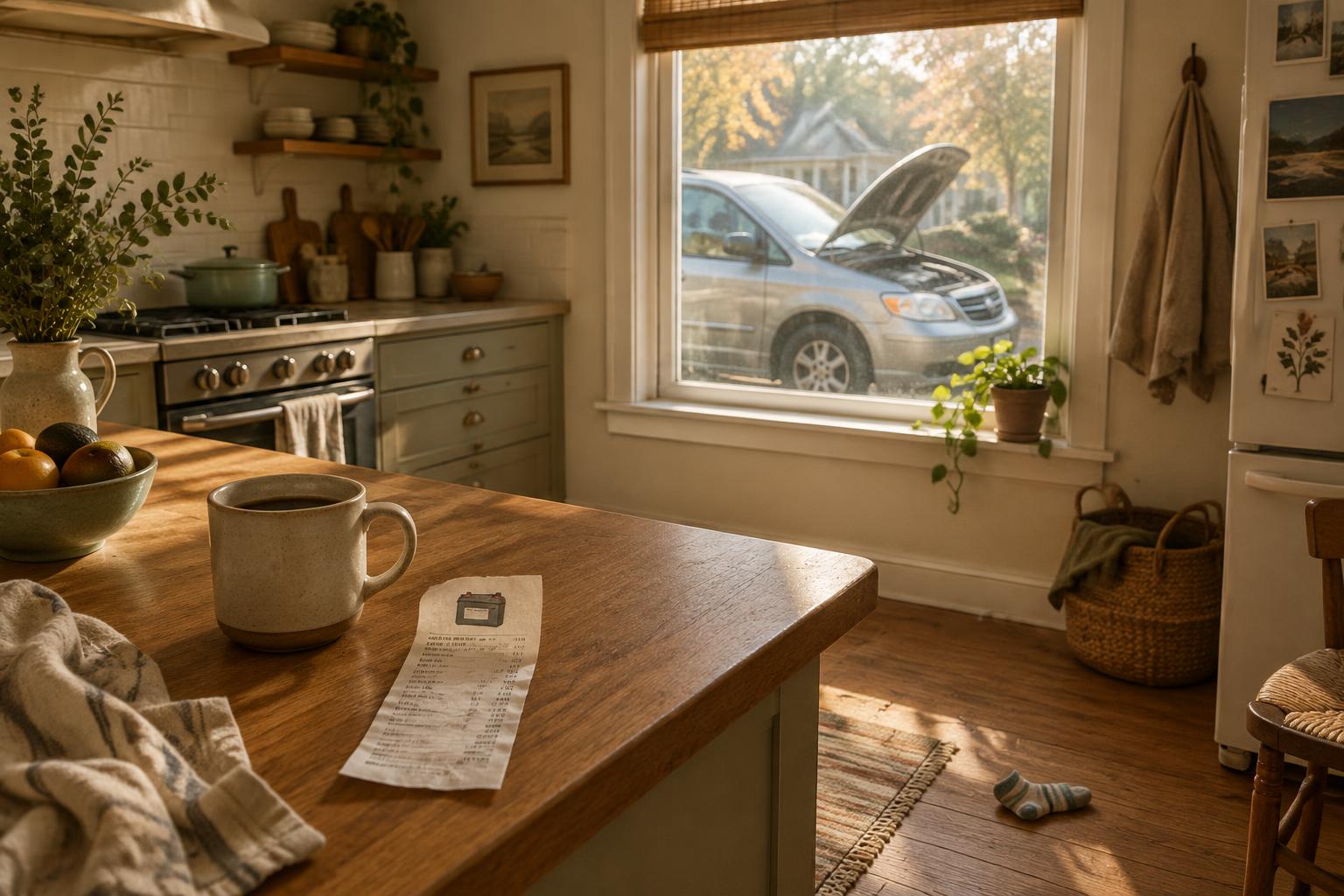 Sunlit kitchen counter with a coffee mug and a car battery receipt, a minivan with its hood up visible through the window