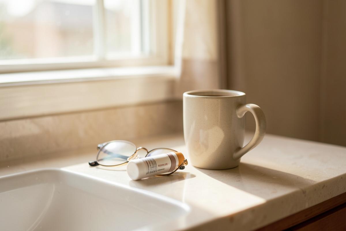 Deodorant stick lying on its side next to a coffee mug and reading glasses on a sunlit bathroom counter