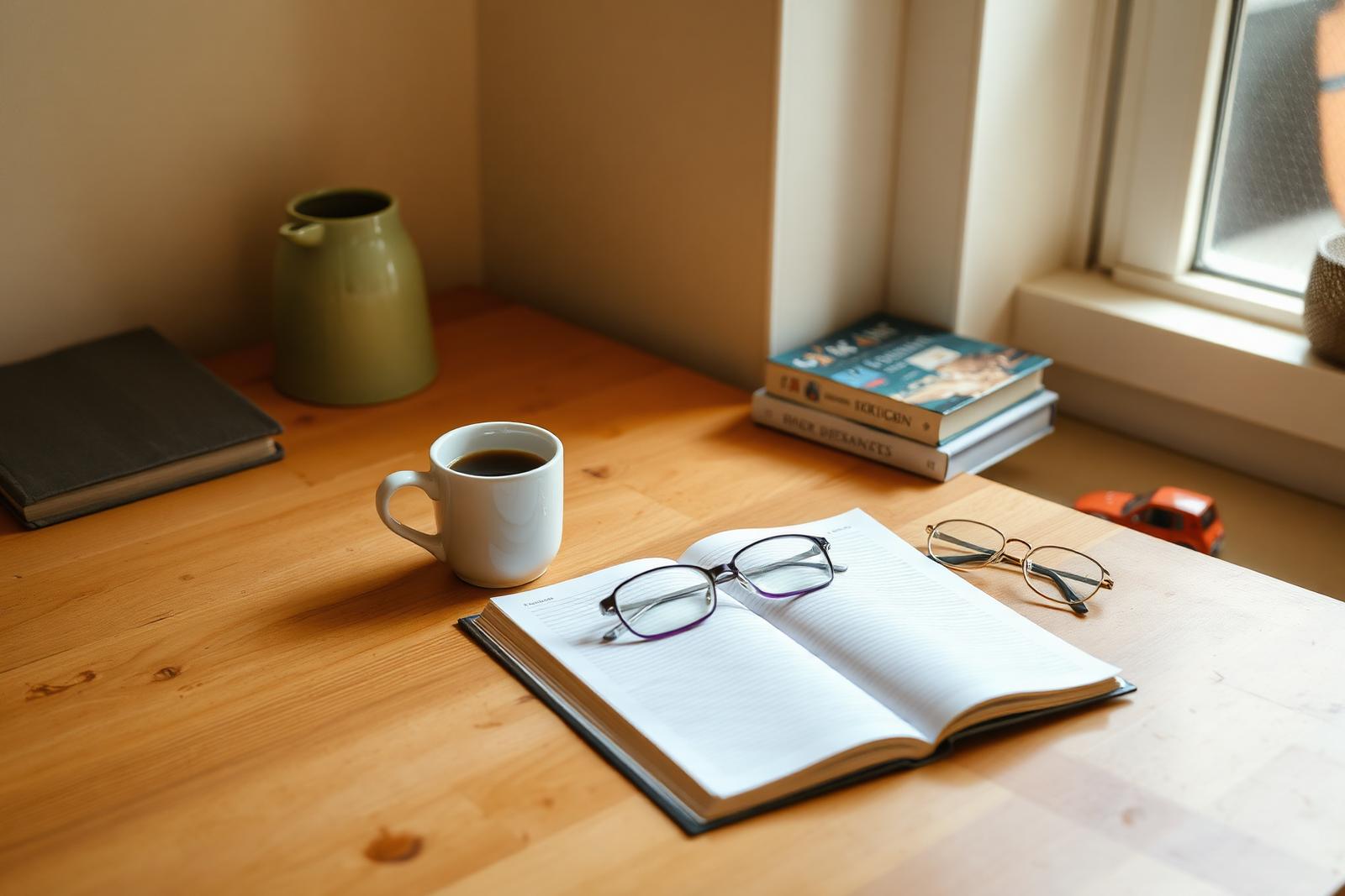 Notebook, coffee, and reading glasses on a sunlit desk with a toy car nearby