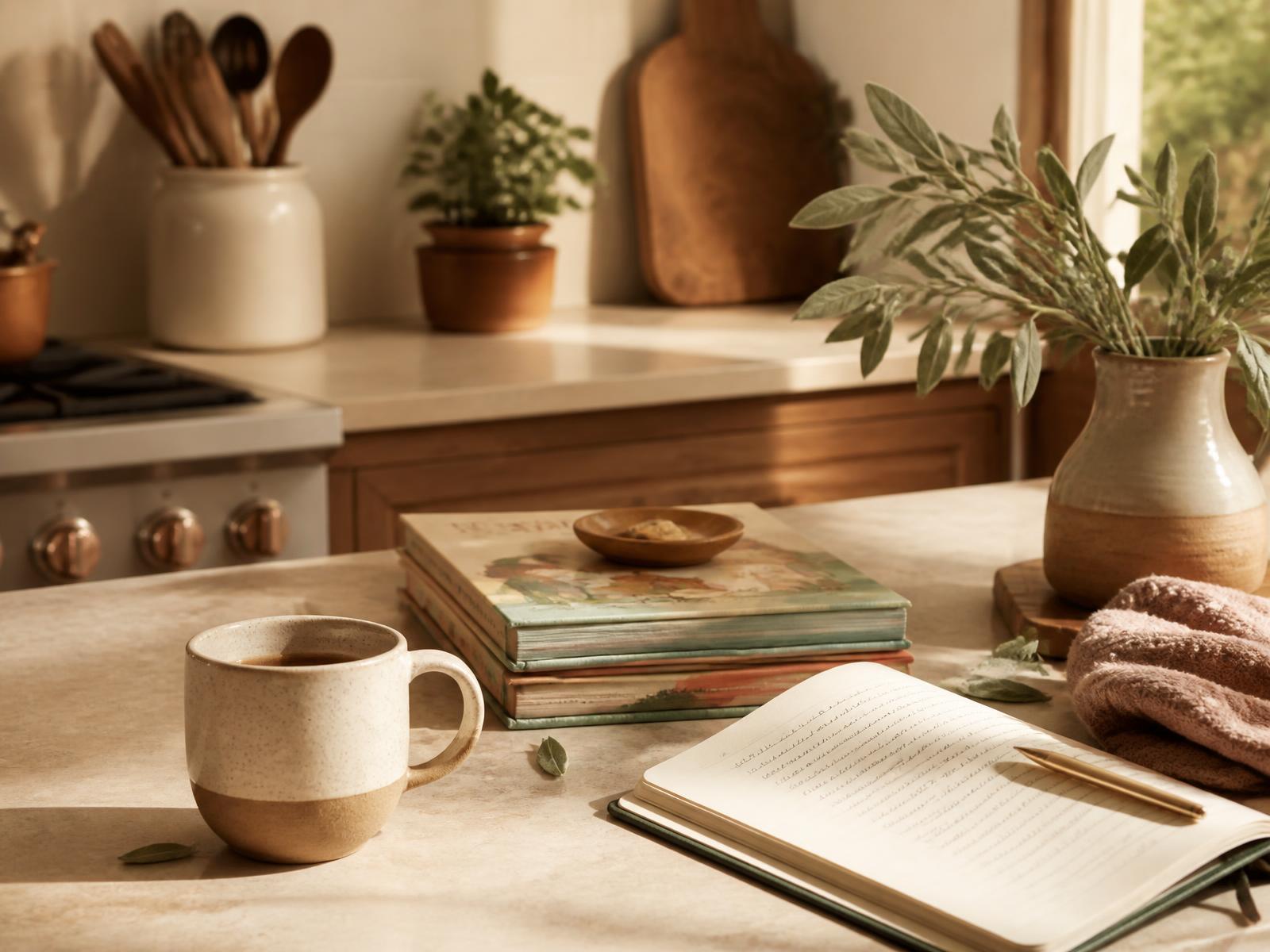 A warm kitchen counter with a coffee mug, notebook, and children's books