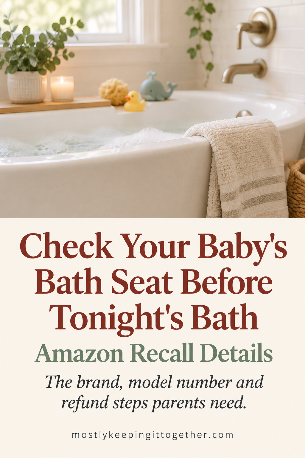 Pinterest graphic: Check Your Baby's Bath Seat Before Tonight's Bath — Amazon Recall Details