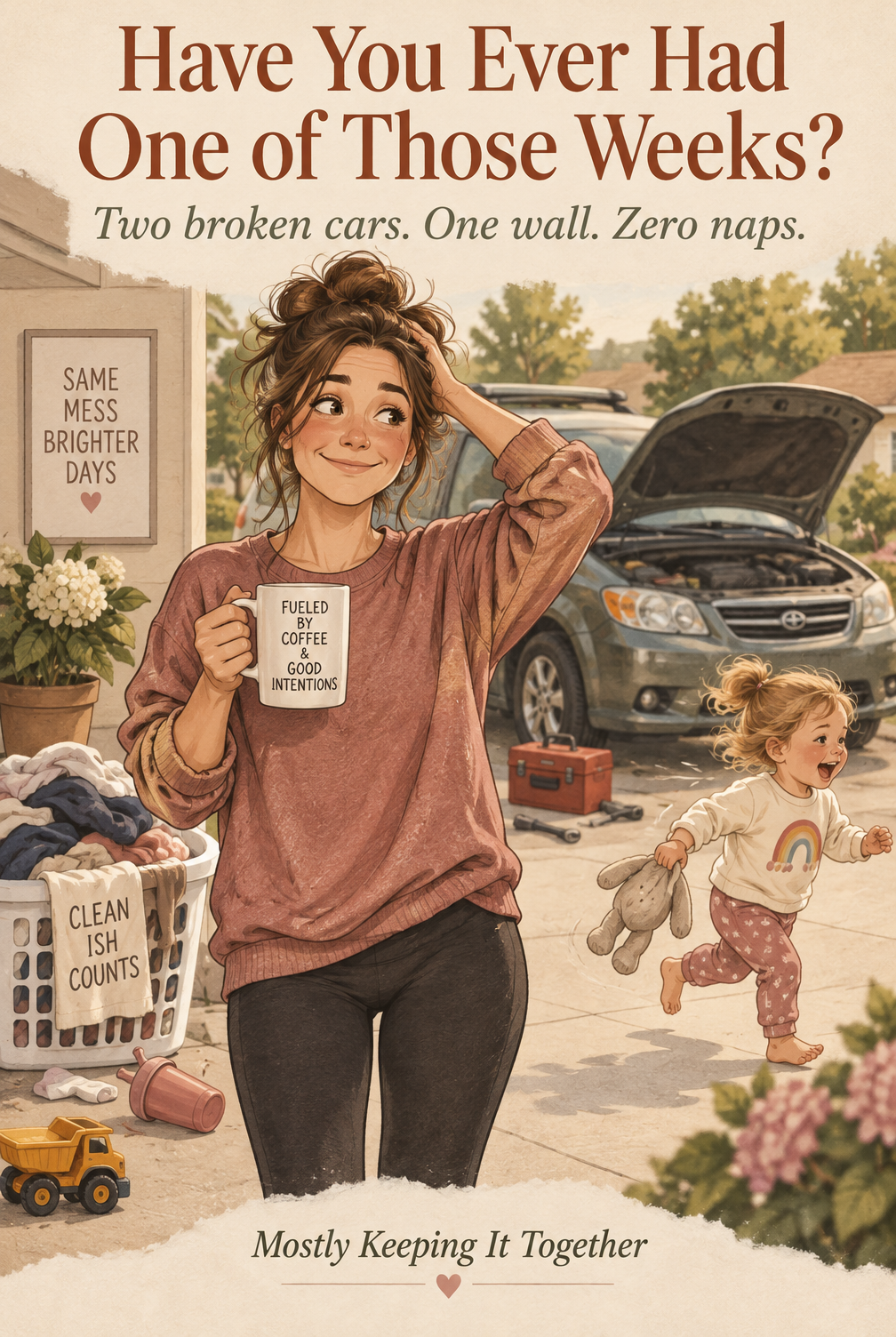 Pinterest graphic: Have You Ever Had One of Those Weeks? Two broken cars. One wall. Zero naps.