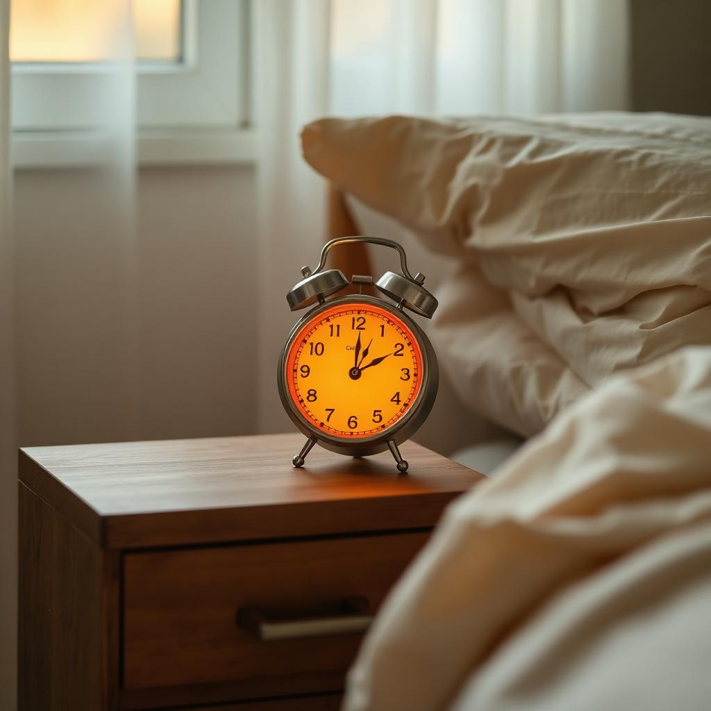 Glowing sunrise alarm clock on a wooden nightstand beside a bed