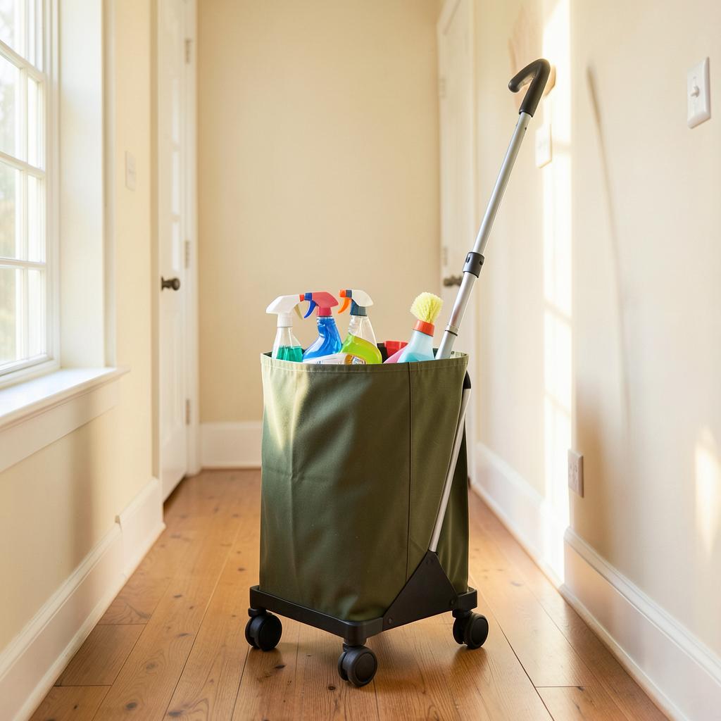Army green rolling cleaning caddy with wheels carrying spray bottles down a hallway