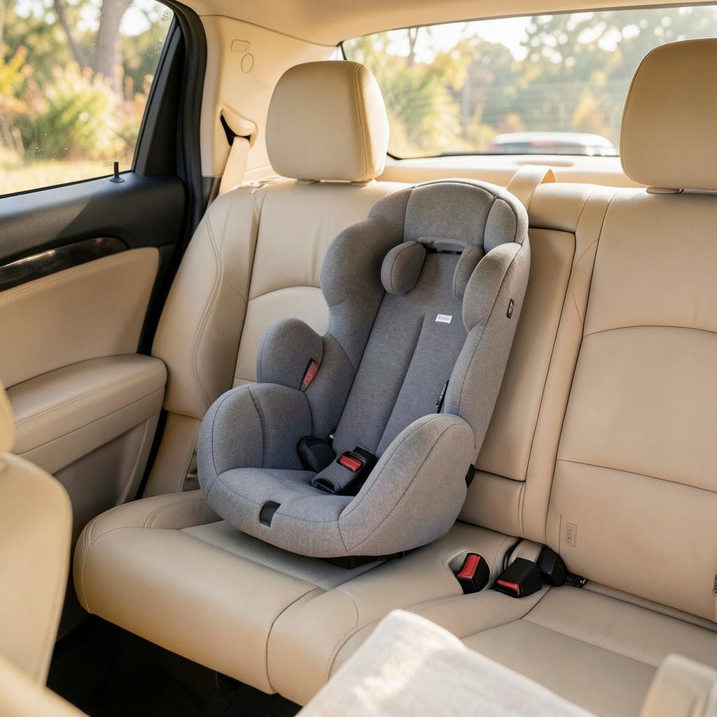 Gray convertible car seat installed in the back seat of a family SUV