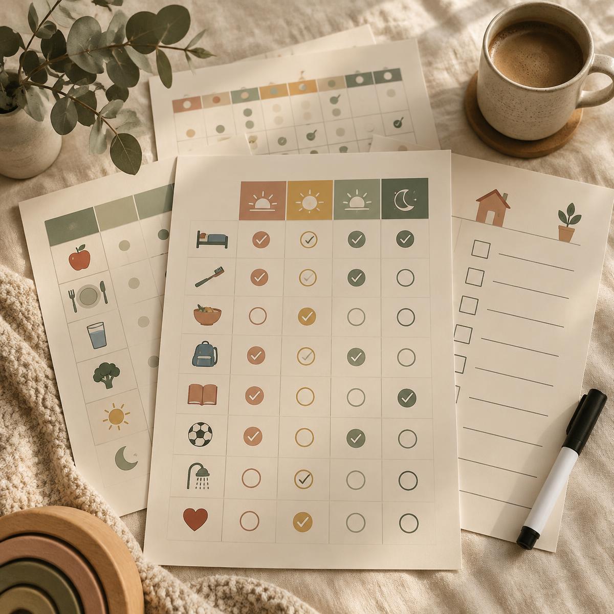 Printed family routine charts and checklists on cream paper beside a coffee mug and a dry-erase marker