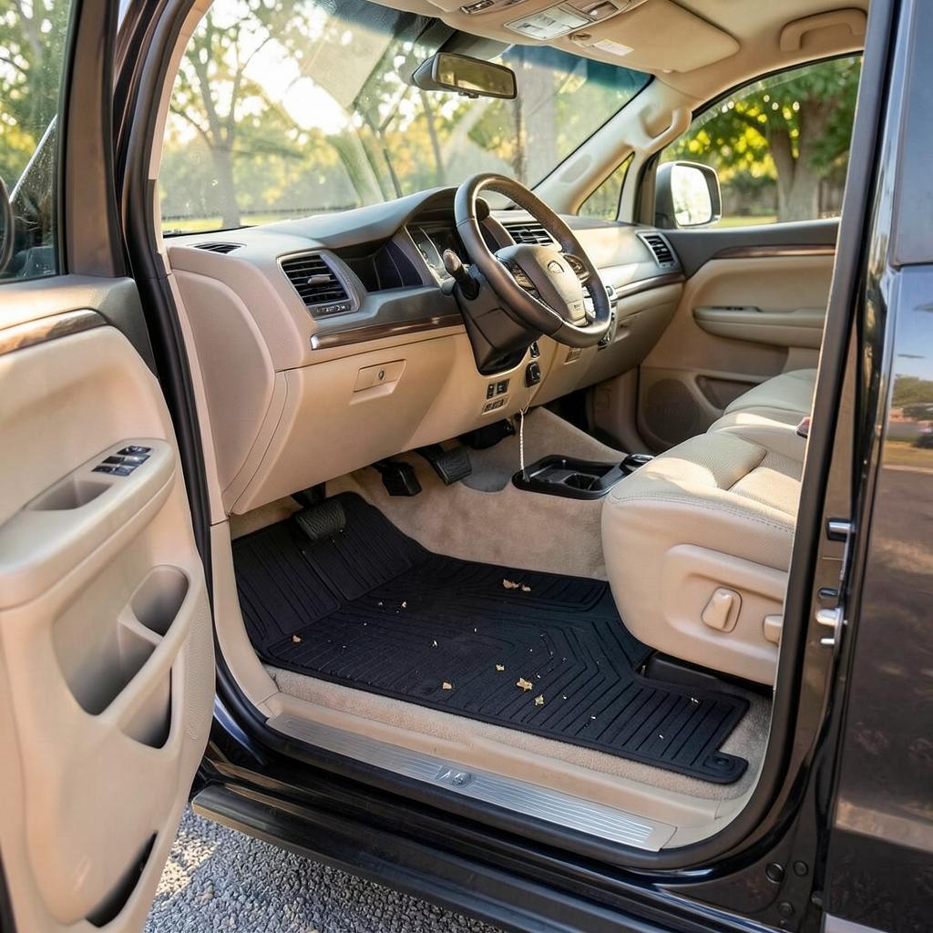 Fitted black all-weather floor mats in a family minivan with beige interior