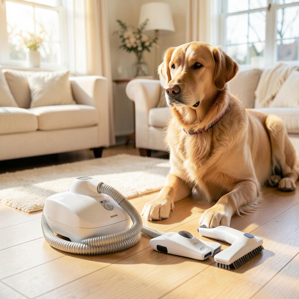 White dog grooming vacuum kit with hose and clippers on the floor beside a golden retriever
