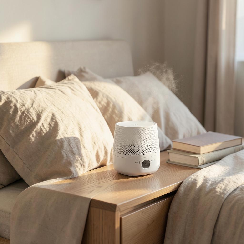 White top-fill humidifier gently misting on a wooden nightstand in a cozy bedroom
