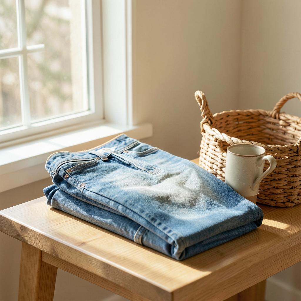 Folded high-waisted wide-leg jeans on a wooden bench beside a woven basket