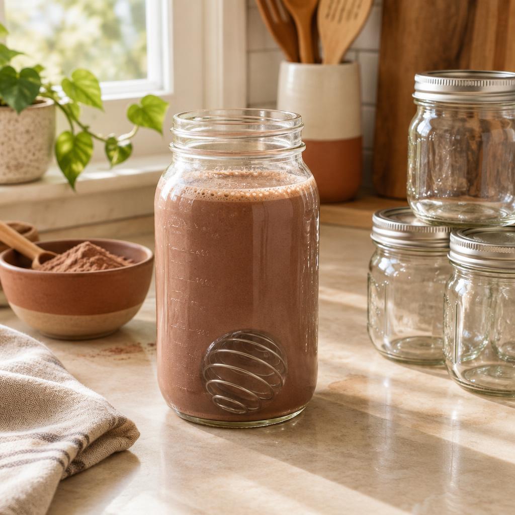 A 32 oz mason jar filled with a chocolate protein shake and a stainless steel mixer ball on a kitchen counter
