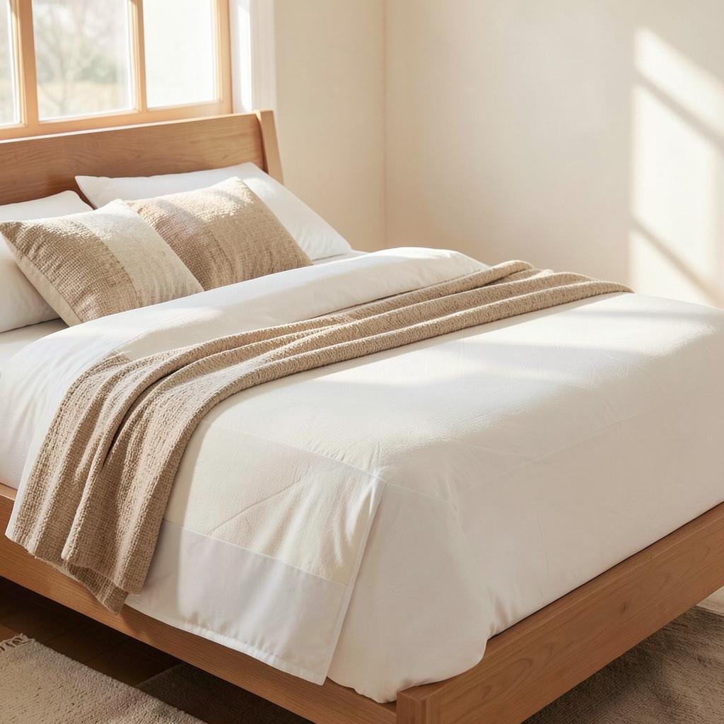 Neatly made bed with a white waterproof mattress protector under oatmeal bedding
