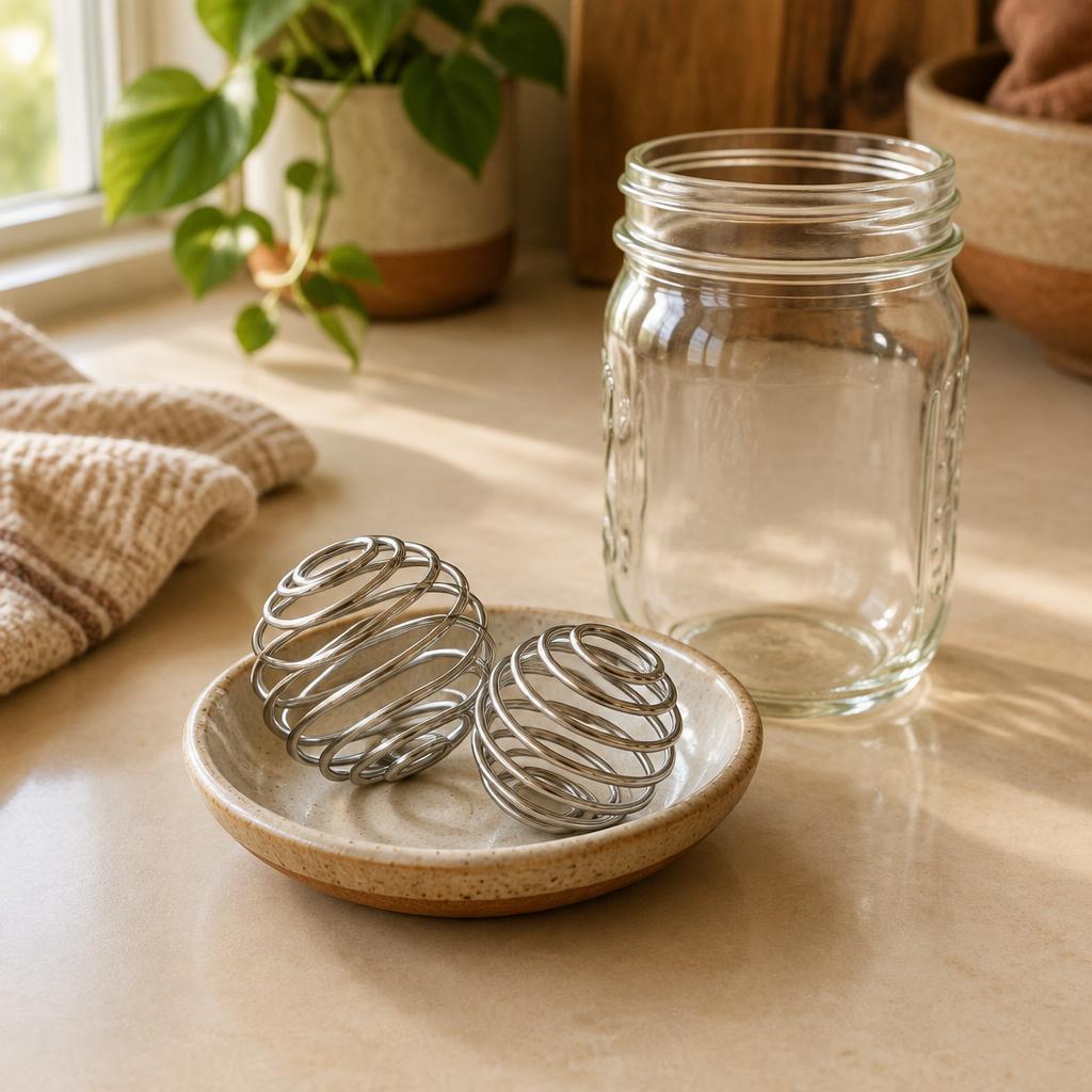 Two stainless steel wire mixer balls on a small ceramic dish beside an empty mason jar