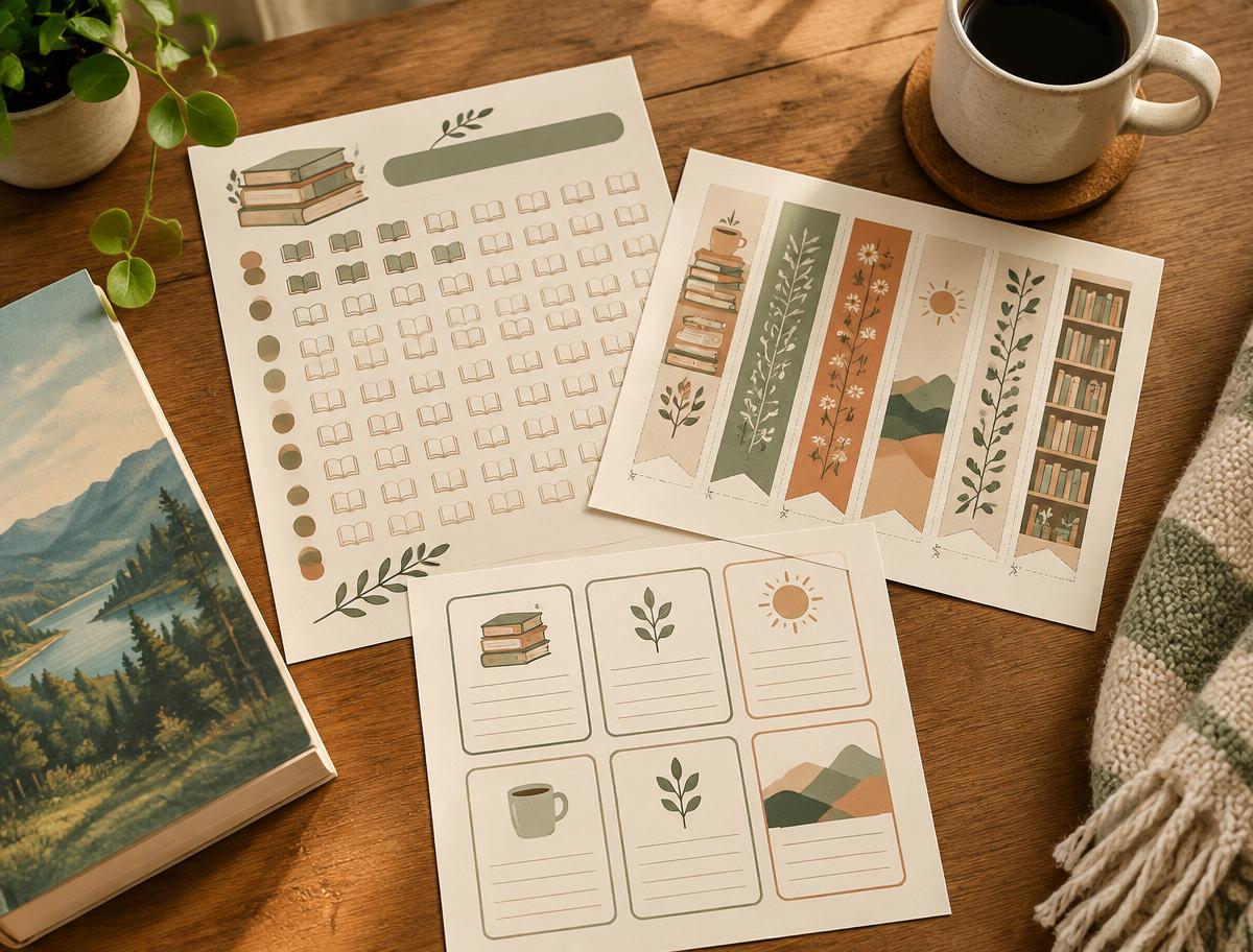 Printed reading tracker, bookmarks, and prediction cards on a wooden table beside a book and coffee mug
