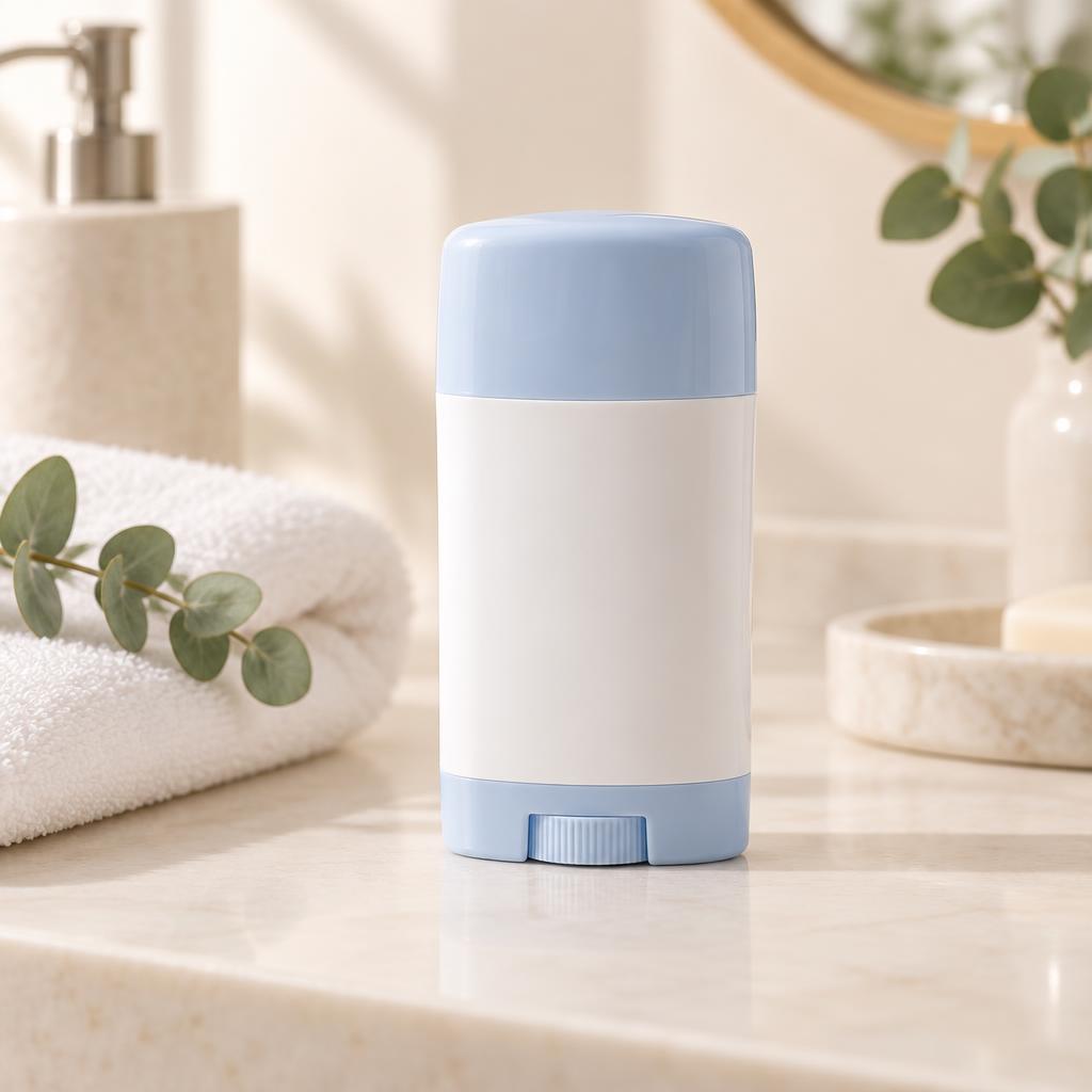 Pastel blue antiperspirant deodorant stick standing on a warm cream bathroom counter next to a folded towel