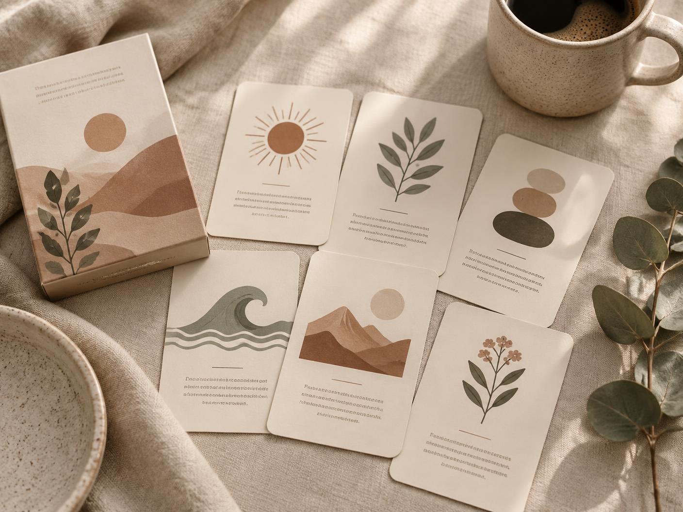 A printed self care card deck spread on cream linen beside a stoneware coffee mug