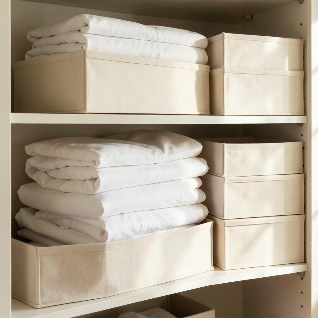 Linen closet shelves with folded sheet sets stored in beige fabric organizer boxes