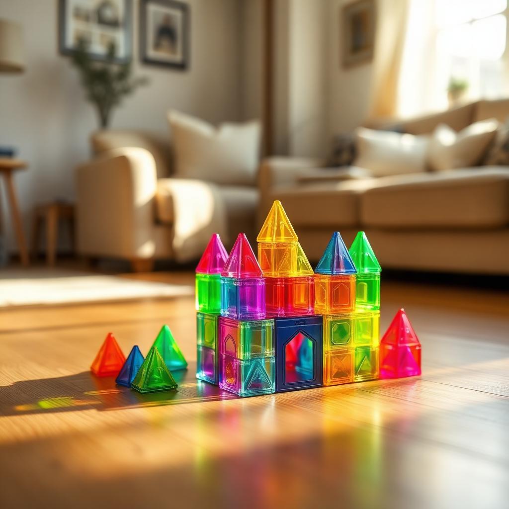 Colorful magnetic building tiles stacked into a castle on a wood floor