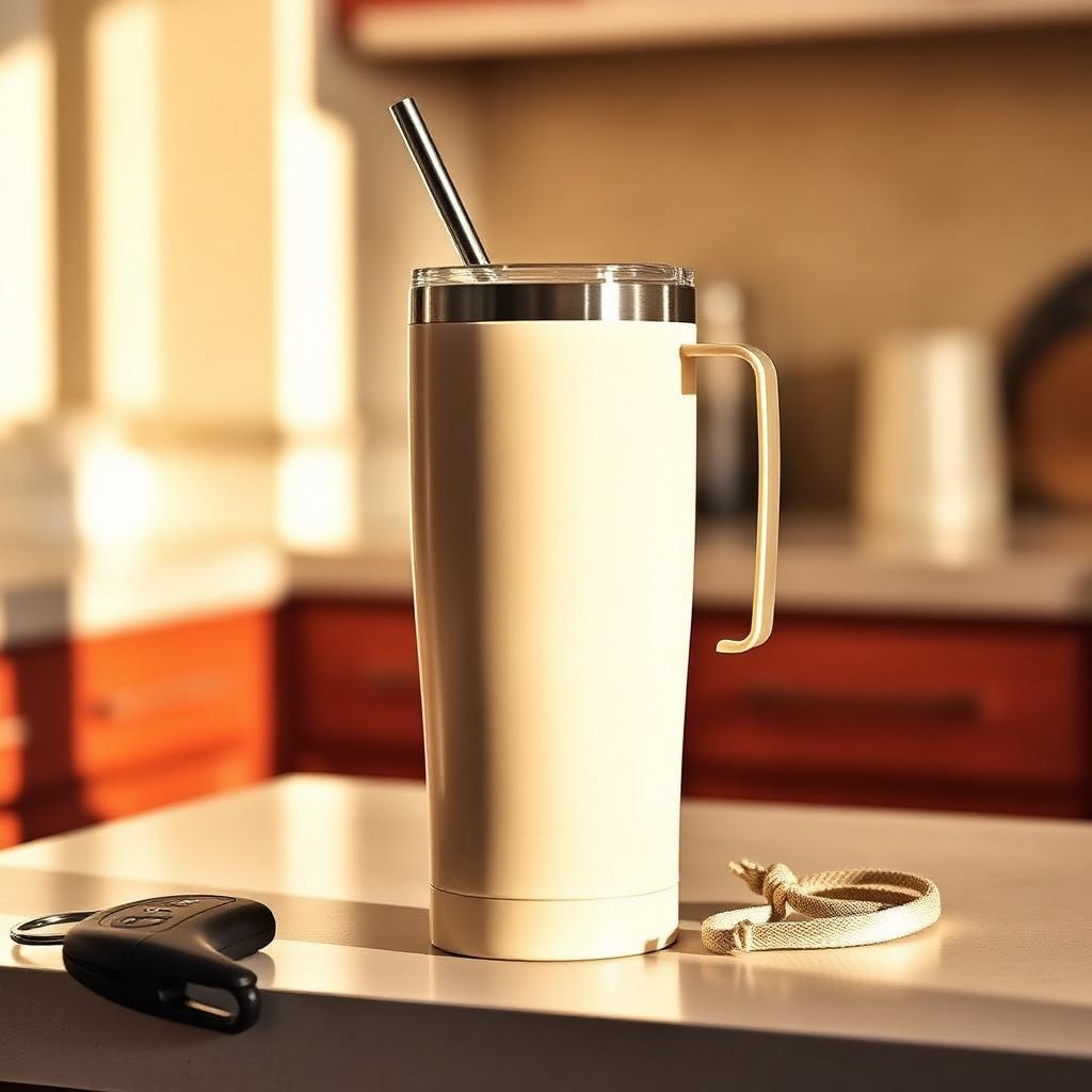 Cream insulated tumbler with handle on a kitchen counter next to car keys
