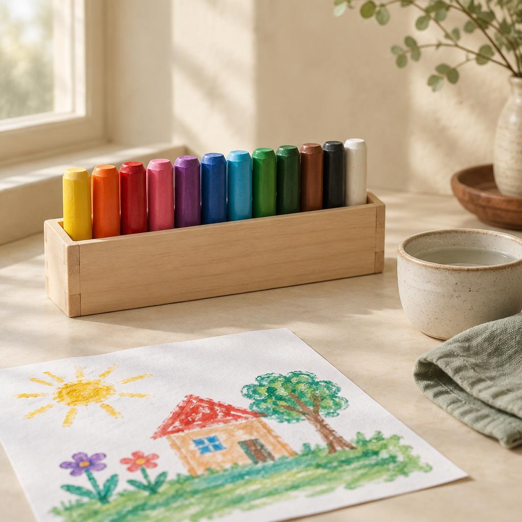 A wooden caddy of solid washable paint sticks in many colors beside a child's drawing on a cream countertop